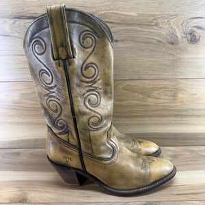 FRYE Vintage Western Boots Womens 10 B Tan Leather Stacked Heel Festival Rodeo